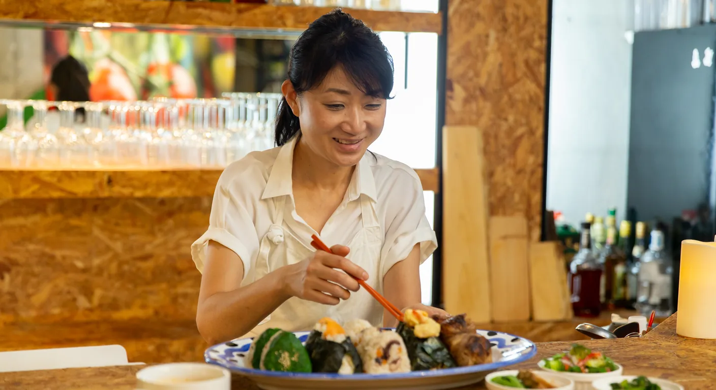 カウンター越しに料理を用意するスタッフ